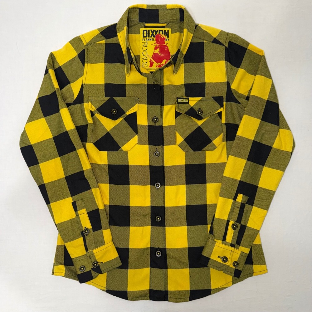 Dixxon Ruckus Flannel Shirt Small Yellow Black Buffalo Plaid Long Sleeve Button